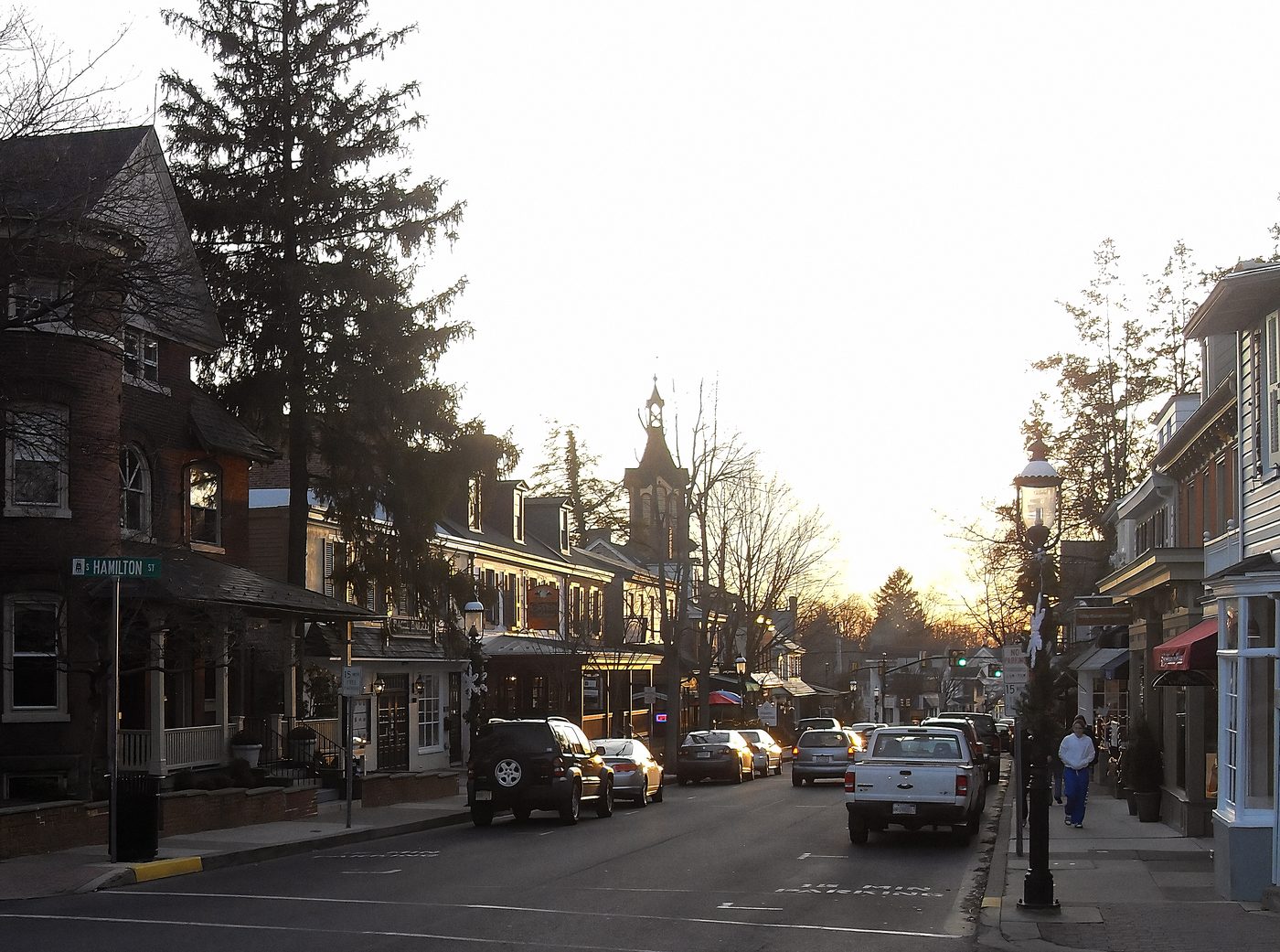 Downtown Doylestown late in the day. The county seat, where the recorder of deeds writes your name on the house at the end of all this.